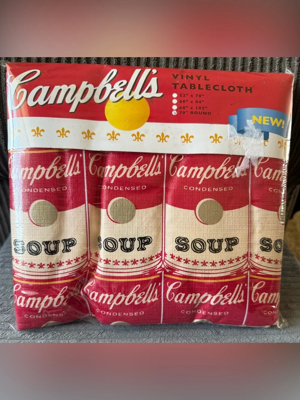 Vintage Red and Cream Campbell's Soup Vinyl Tablecloth New 70” Round